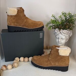 EILEEN FISHER Kenille Sport Suede Boot Womens 8 Brown Shearling Wedge NEW